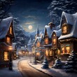 Winter night in the village. Winter fairy tale. Digital painting.