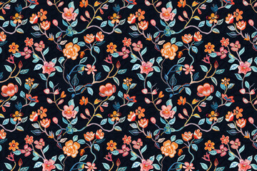 Poster - Romantic Floral Embroidery. Seamless Pattern. Fabric Printing. Scrapbooking. Arts and Crafts. Background image. Created with Generative AI technology.
