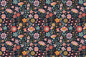 Poster - Romantic Floral Embroidery. Seamless Pattern. Fabric Printing. Scrapbooking. Arts and Crafts. Background image. Created with Generative AI technology.