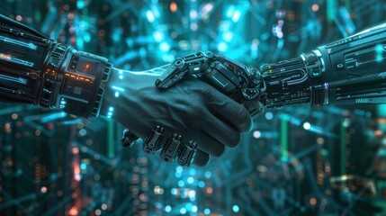 Aufkleber - Shaking hands with digital partner against futuristic scene.