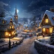 Winter village at night with moonlight and stars, 3d illustration