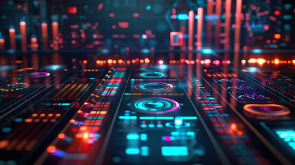 Poster - Futuristic 3D infographic visual with vibrant analytics in a virtual space