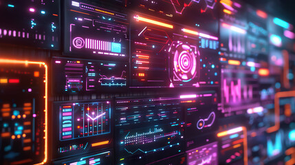 Poster - Futuristic 3D infographic visual with vibrant analytics in a virtual space