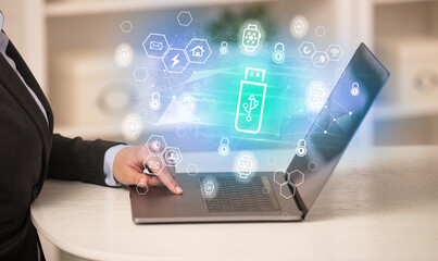 Aufkleber - Hands working on laptop with digital icons