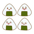 Set of cartoon onigiri with happy faces - cute illustration of traditional japanese food isolated on white background