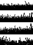 Fototapeta Dinusie - Crowd of cheerful people at concert black silhouette. Celebration party club people silhouettes, crowded sport fans panorama, festival spectators backgrounds
