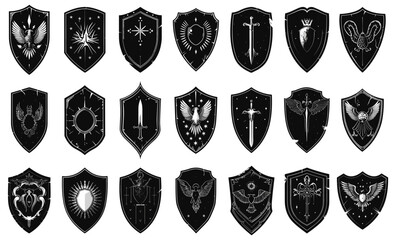 Wall Mural - Knights shields with coats of arms black on white. Flat monochrome shield set eagle angel sword crown wings sun symbols isolated