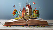 Open book with fairy tale houses and birds flying over the pages.