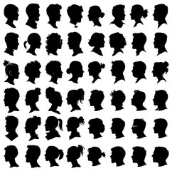 Wall Mural - People heads silhouettes. Male and female portrait outline profiles, boys and girls persons face black avatars on white