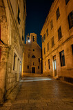 Fototapeta  - Amazing night view with the beautiful medieval architecture of the old town of Shibenik on the coast of the Adriatic Sea, Croatia.
