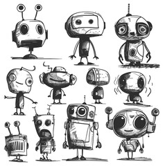 Poster - scribble robots. robotic monsters black doodles, cyborg kids sketch, metal aliens drawings on white