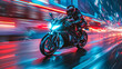 Motorcycle rider riding fast on the road with motion blur background.