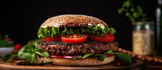 Poster - Close-up of a burger with lettuce, tomato, and pickles