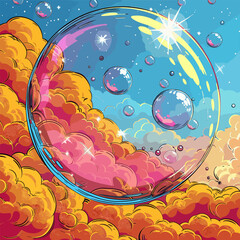 Wall Mural - transparent sparkling cartoon bubble on sky background. soap blowerbubble on blue sky with yellow cl