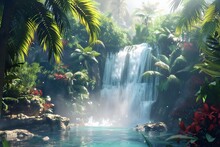 Hidden Waterfall In A Jungle - A Secluded Waterfall Tucked Away In A Lush And Vibrant Tropical Forest.

