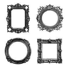 Wall Mural - Vintage engraving frames. Carving old antique frame set etching isolated on white, round and rectangular interior floral carved ornament wooden border