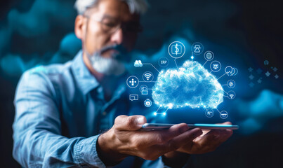 Poster - a businessman accesses cloud-based enterprise resource planning erp system via mobile device, integr