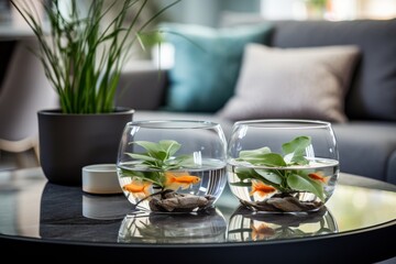 Minimalist interior design planted fish bowl and vivarium in bright living room