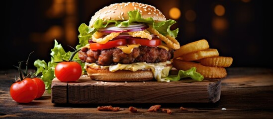 Wall Mural - A close-up of a cheeseburger with lettuce, tomato on a bun
