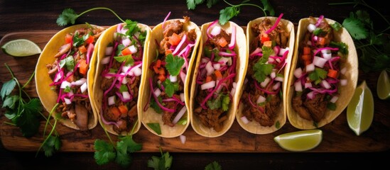 Sticker - Several tacos lined up on a wooden board with lime slices