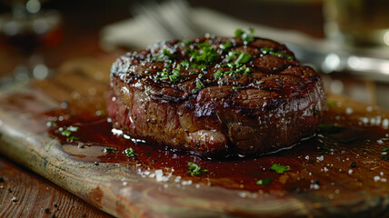 Wall Mural - A cooked steak on a wooden board