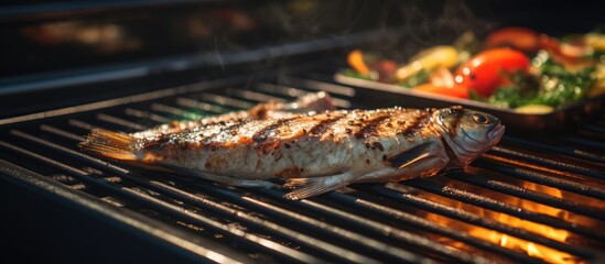 fish grilling with assorted vegetables