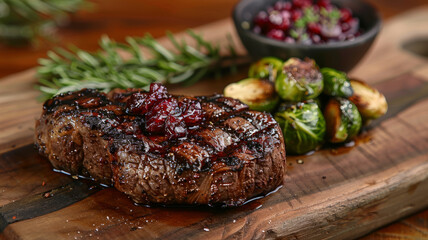 Wall Mural - Grilled steak on wooden board with sides