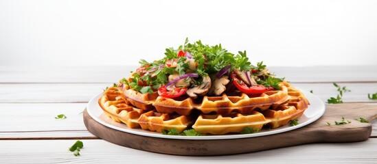 Poster - A Close Up of a Waffle with Vegetables and Mushrooms on a Plate