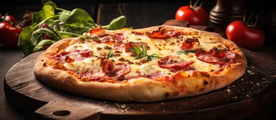 Sticker - A pizza on a wooden surface with fresh tomatoes