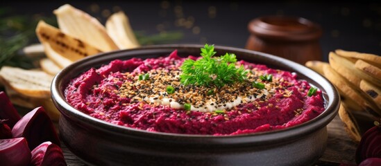 Canvas Print - A bowl of beetroot spread with slices of bread and parsley