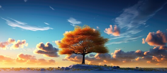 Wall Mural - A tree in a field with clouds