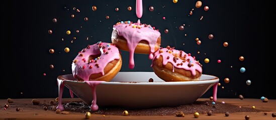 Canvas Print - Three pink glazed donuts with sprinkles on plate