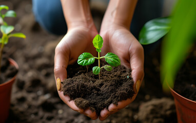 Woman Hands Holding a Sprout of Plant. Earth Day Ecology Concept.