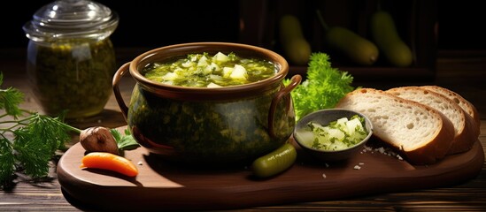 Sticker - Bowl of soup, bread, and vegetables on cutting board