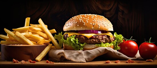 Poster - A hamburger and fries on a wooden table