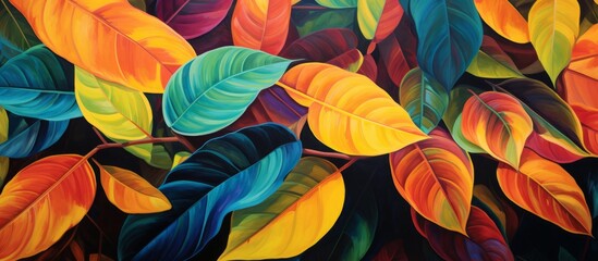 Wall Mural - A vibrant painting of colorful leaves set against a black background, creating a striking natural landscape with electric blue accents