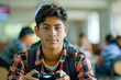 Hispanic student gamer at university: Young teen with backpack immersed in video game action