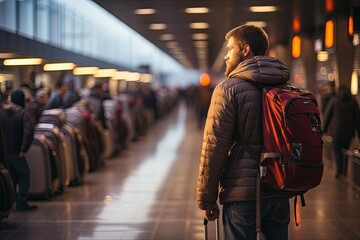 Aufkleber - Traveler with backpacks and luggage bags in queue waiting for airport security check. Travelers Queuing for Security Check. Generative AI..