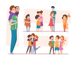Fototapeta Sypialnia - Kids hugging. Warm children hugs happy kids holding toys exact illustrations of family love