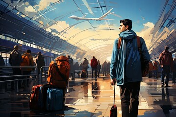 Aufkleber - Traveler with backpacks and luggage bags in queue waiting for airport security check. Travelers Queuing for Security Check. Generative AI..