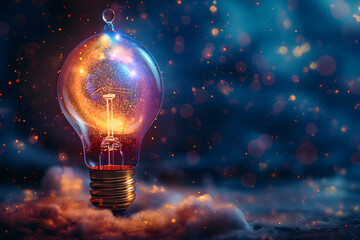 Wall Mural - Glowing Light Bulb with Sparkling Effects on a Blue Bokeh Background