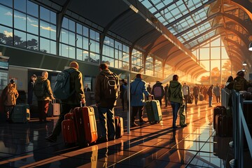 Aufkleber - Traveler with backpacks and luggage bags in queue waiting for airport security check. Travelers Queuing for Security Check. Generative AI..