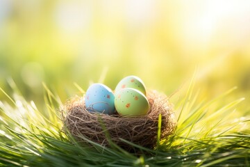 Three painted easter eggs in a birds nest celebrating a Happy Easter on a spring day with a green grass meadow and blurred grass foreground and bright sunlight background with - generative ai