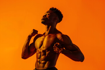 Fitness coach leading a workout session, isolated on an energetic orange background, inspiring health and wellness 