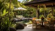 Tropical outdoor living patio with woven furniture thatch umbrellas and serene koi pond water feature.