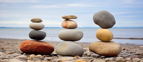 Sticker - A stack of three rocks forms a beautiful art gesture on the beach. The rocks sit beside the water, creating a natural circle. This event showcases the beauty of nature through rock formations