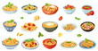 Different pasta meals. Italian cuisine dishes, spaghetti and penne with cheese and tomatoes. Homemade noodles and tomato soup, vector set