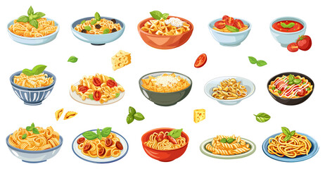 Different pasta meals. Italian cuisine dishes, spaghetti and penne with cheese and tomatoes. Homemade noodles and tomato soup, vector set