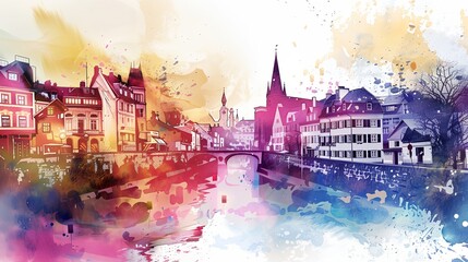 Wall Mural - a painting of a city with a bridge