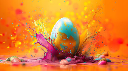 Wall Mural - easter egg in a color explosion or splash on orange background